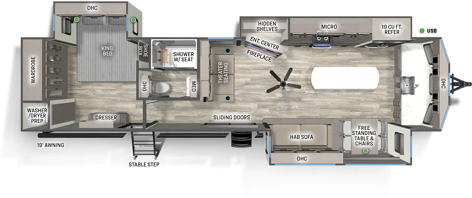 The 402FK has three slides and two entries. Exterior features a 19 foot awning and stable step main entry. Interior layout front to back: front kitchen counter with sink and overhead cabinets; paddle fan and kitchen island; off-door side slideout with refrigerator, kitchen counter with cooktop, microwave, overhead cabinets, and entertainment center with fireplace below and hidden shelves behind; door side slideout with free-standing table and chairs and hide-a-bed sofa with overhead cabinets; theater seating on interior wall; patio door entry; off-door side full bathroom with overhead cabinet and medicine cabinet; rear bedroom with second entry, door side dresser, off-door side king bed slideout with overhead cabinets, shoe box storage, and rear wardrobe and closet with washer/dryer prep.